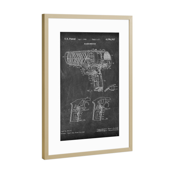Poster mit Rahmen Gold "Fön Patent (Tafel)" artboxONE - Schwarzweiß,Fashion - Barbier,Barber,Herrenfriseur,Patent,Retro,Haar,Haartrockner,Fön,Föhn