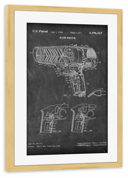Poster mit Rahmen kiefer "Fön Patent (Tafel)" artboxONE - Schwarzweiß,Fashion - Barbier,Barber,Herrenfriseur,Patent,Retro,Haar,Haartrockner,Fön,Föhn