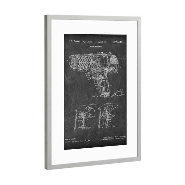 Poster mit Rahmen Silber "Fön Patent (Tafel)" artboxONE - Schwarzweiß,Fashion - Barbier,Barber,Herrenfriseur,Patent,Retro,Haar,Haartrockner,Fön,Föhn