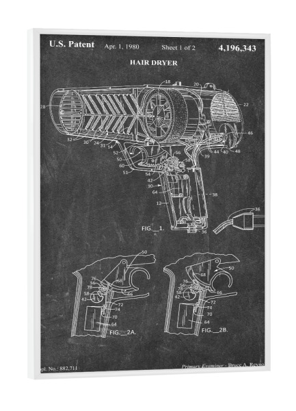 Poster mit weißem Rahmen "Fön Patent (Tafel)" artboxONE - Schwarzweiß,Fashion - Barbier,Barber,Herrenfriseur,Patent,Retro,Haar,Haartrockner,Fön,Föhn