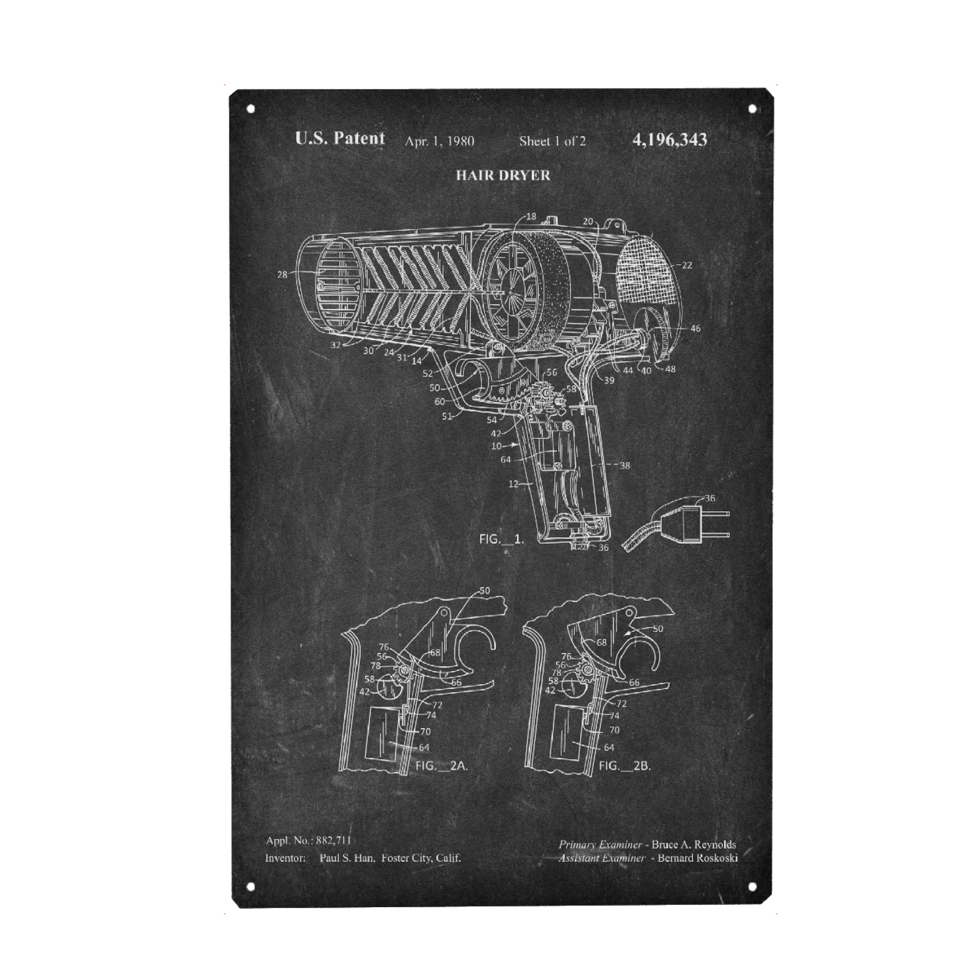 Metall Poster "Fön Patent (Tafel)" artboxONE - Schwarzweiß,Fashion - Barbier,Barber,Herrenfriseur,Patent,Retro,Haar,Haartrockner,Fön,Föhn