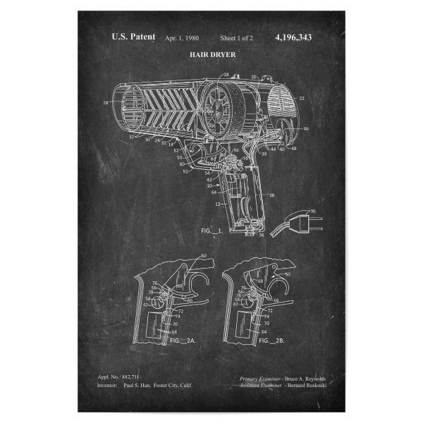 Poster 30x20 cm "Fön Patent (Tafel)" artboxONE - Schwarzweiß,Fashion - Barbier,Barber,Herrenfriseur,Patent,Retro,Haar,Haartrockner,Fön,Föhn