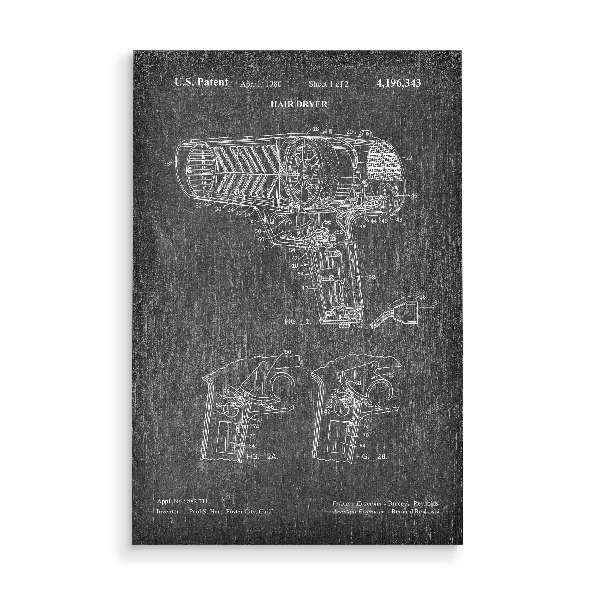 Holzbild "Fön Patent (Tafel)" artboxONE - Schwarzweiß,Fashion - Barbier,Barber,Herrenfriseur,Patent,Retro,Haar,Haartrockner,Fön,Föhn