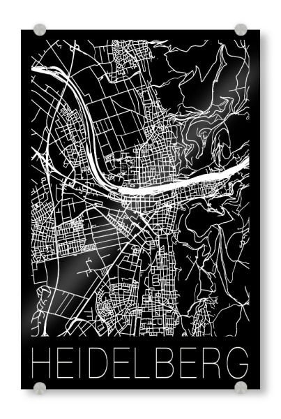 Acrylglasbild "Retro Map Heidelberg Black" artboxONE - Städte,Schwarzweiß,Städte / Weitere,Kartografie - Retro,Map,Heidelberg