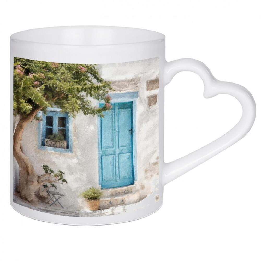 Herztasse "Blaue griechische Tür A" artboxONE - Natur,Architektur - Architektur,Tür,Eingang,Zuhause,Haus,Bäume