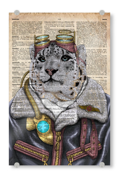 Acrylglasbild "Steampunk Schneeleopard" artboxONE - Tiere,Schwarzweiß - Tier,Wörterbuch,Antik,Vintage,Schneeleopard,Pilot,Leopard