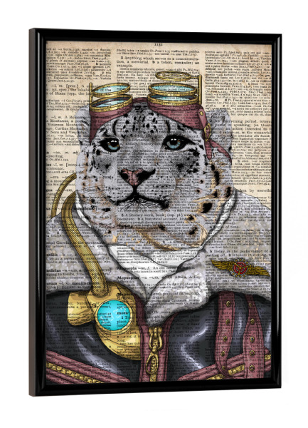 Poster mit schwarzem Rahmen "Steampunk Schneeleopard" artboxONE - Tiere,Schwarzweiß - Tier,Wörterbuch,Antik,Vintage,Schneeleopard,Pilot,Leopard