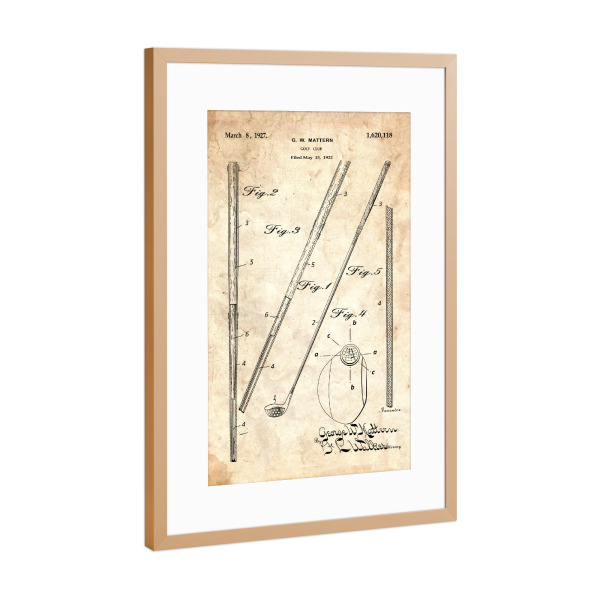 Poster mit Rahmen Kupfer "Golfschläger (Antik)" artboxONE - Sport - Golfschläger,Patent,Golf,Vintage,Sport,Retro