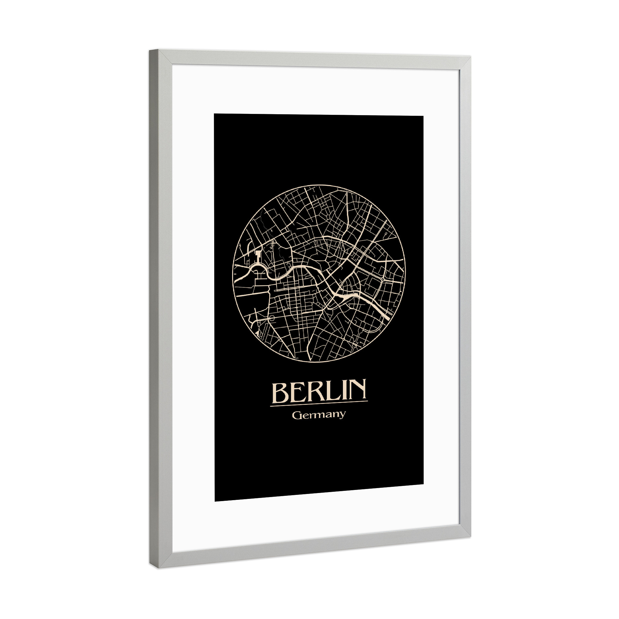Poster mit Rahmen Silber "Retro Map of Berlin Round" artboxONE - Städte,Städte / Berlin,Kartografie - Retro,Map,Berlin