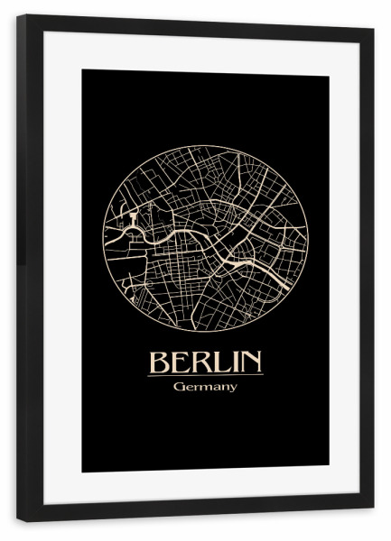 Poster mit Rahmen schwarz "Retro Map of Berlin Round" artboxONE - Städte,Städte / Berlin,Kartografie - Retro,Map,Berlin