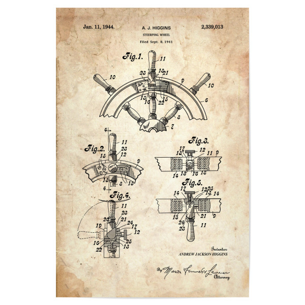 Poster "Steuerrad Patent (Antik)" artboxONE - Reise,Reise / Strand und Meer - Patent,Retro,Schiff,Marine,Meer,Boot,Vintage,Steuerrad
