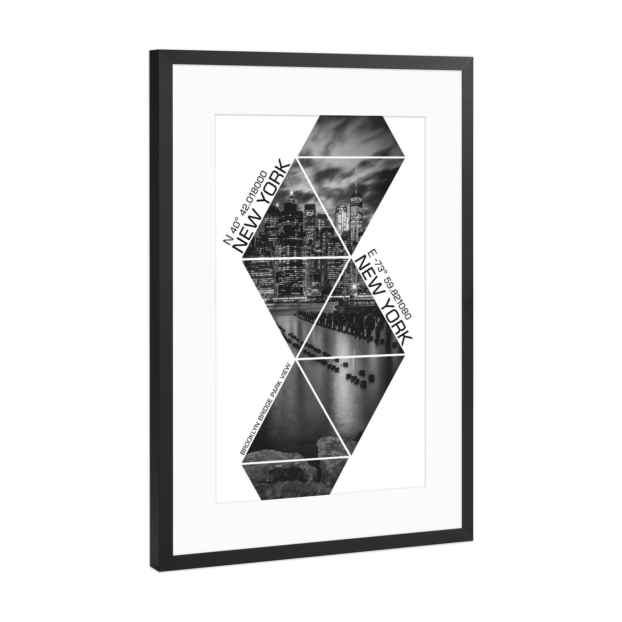 Poster mit Rahmen Schwarz (Metallic) "Koordinaten BROOKLYN BRIDGE PARK" artboxONE - Städte / New York,Schwarzweiß - Skyline,Modern,New york,Triangle
