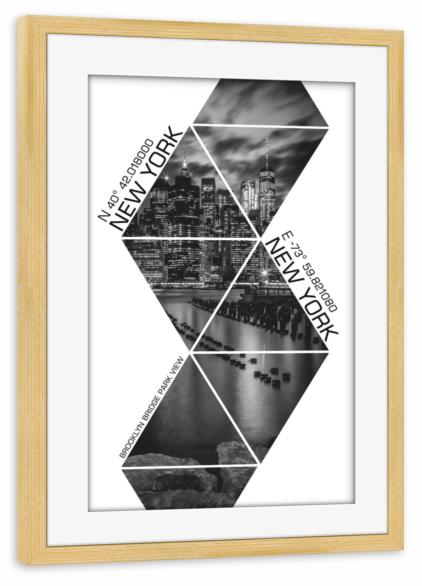 Poster mit Rahmen kiefer "Koordinaten BROOKLYN BRIDGE PARK" artboxONE - Städte / New York,Schwarzweiß - Skyline,Modern,New york,Triangle