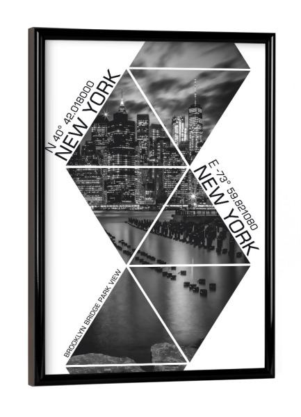 Poster mit schwarzem Rahmen "Koordinaten BROOKLYN BRIDGE PARK" artboxONE - Städte / New York,Schwarzweiß - Skyline,Modern,New york,Triangle