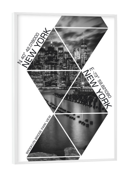 Poster mit weißem Rahmen "Koordinaten BROOKLYN BRIDGE PARK" artboxONE - Städte / New York,Schwarzweiß - Skyline,Modern,New york,Triangle