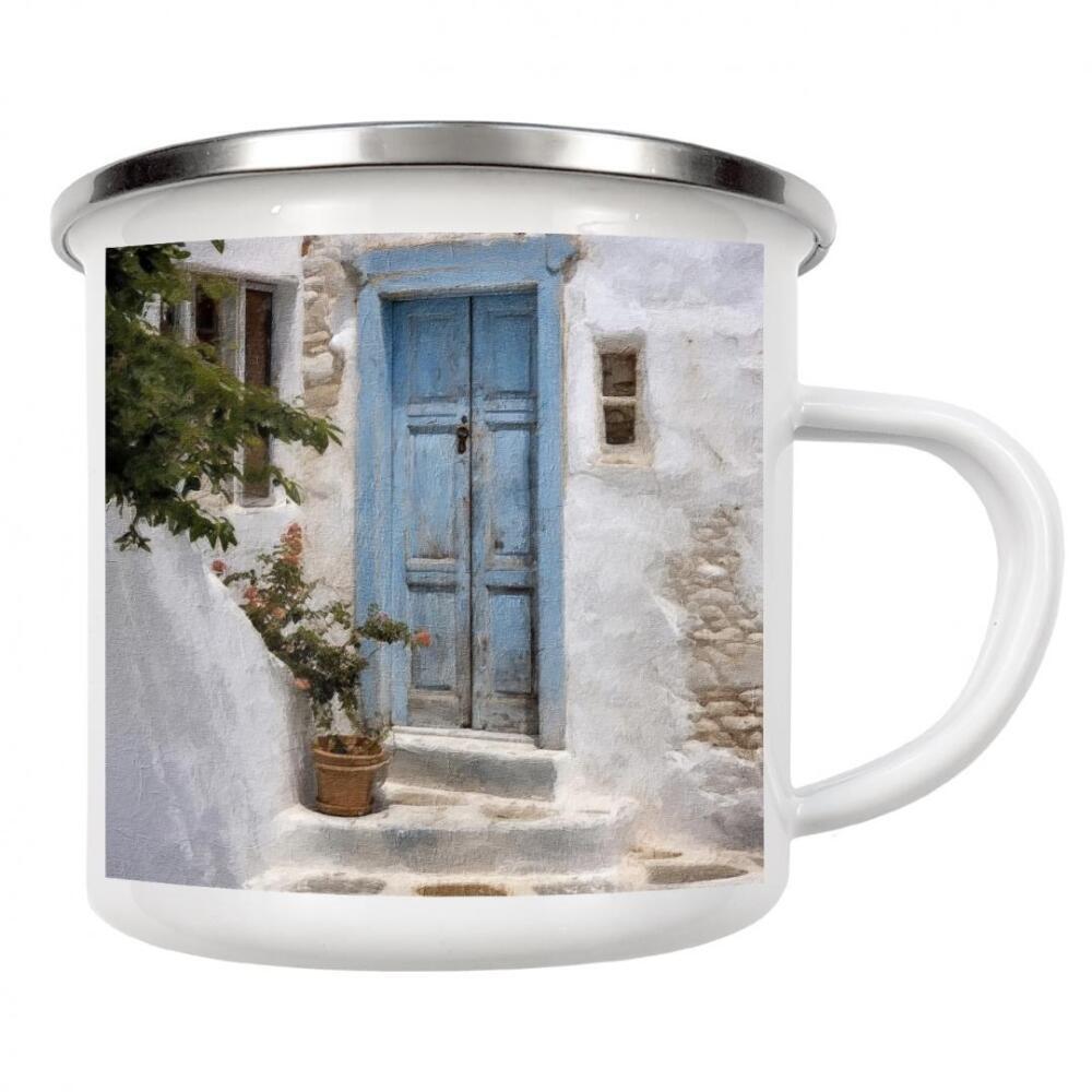 Emaille Tasse "Blaue griechische Tür B" artboxONE - Natur,Architektur - Tür,Tür,Zuhause,Haus,Architektur,Pflanzen,Bäume