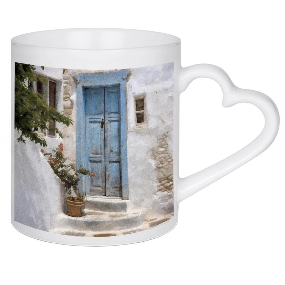 Herztasse "Blaue griechische Tür B" artboxONE - Natur,Architektur - Tür,Tür,Zuhause,Haus,Architektur,Pflanzen,Bäume