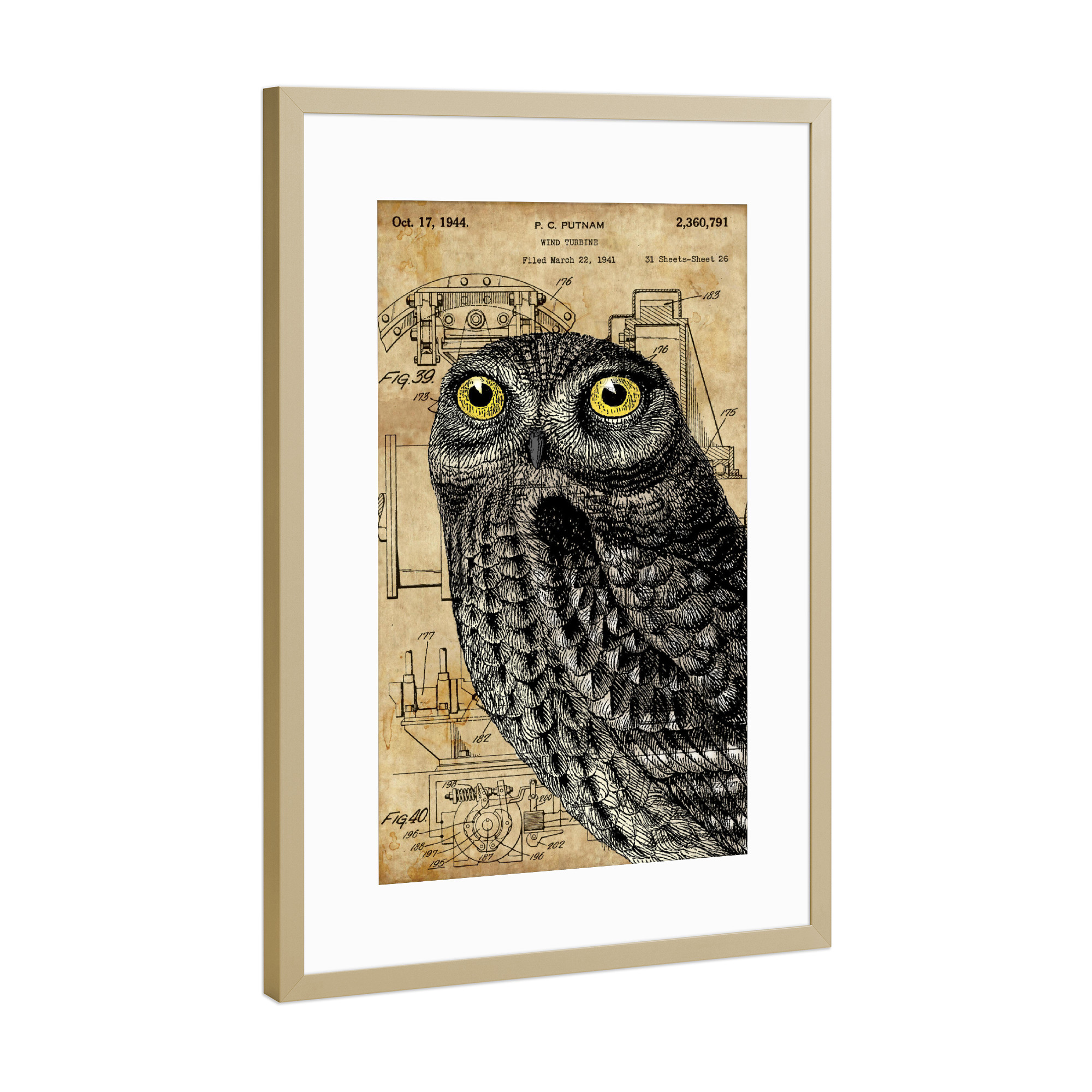 Poster mit Rahmen Gold "Steampunk Kleine Eule" artboxONE - Tiere - Raubvögel,Vogel,Tier,Eule,Natur