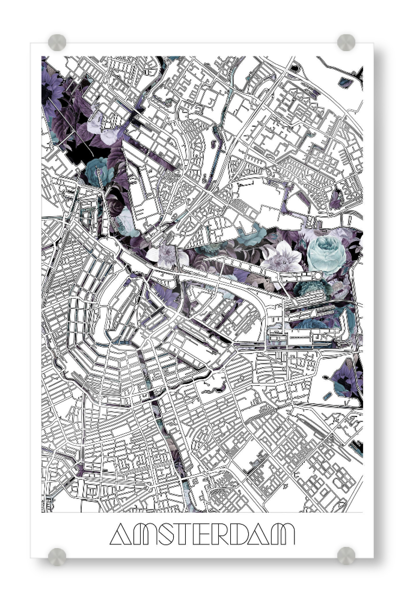 Acrylglasbild "Amsterdam city map floral" artboxONE - Städte,Typografie,Reise,Schwarzweiß,Städte / Amsterdam,Kartografie