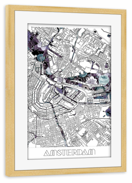 Poster mit Rahmen kiefer "Amsterdam city map floral" artboxONE - Städte,Typografie,Reise,Schwarzweiß,Städte / Amsterdam,Kartografie