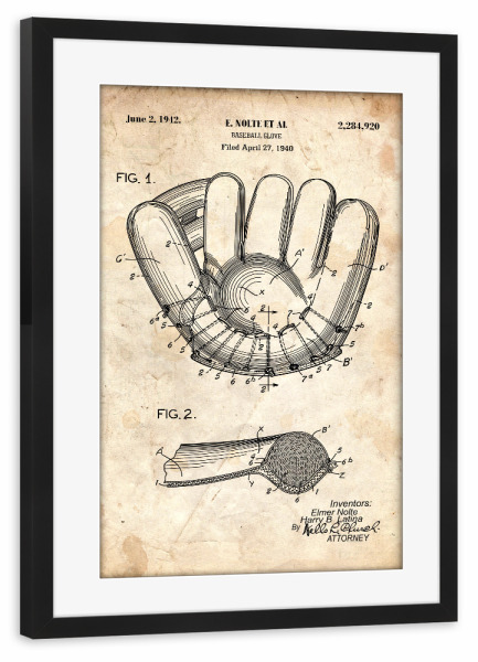 Poster mit Rahmen schwarz "Baseballhandschuh II (Antik)" artboxONE - Sport - Sport,Baseball,Vintage,Retro,Patent,Blaupause,Entwurf,Usa,Fitness,America