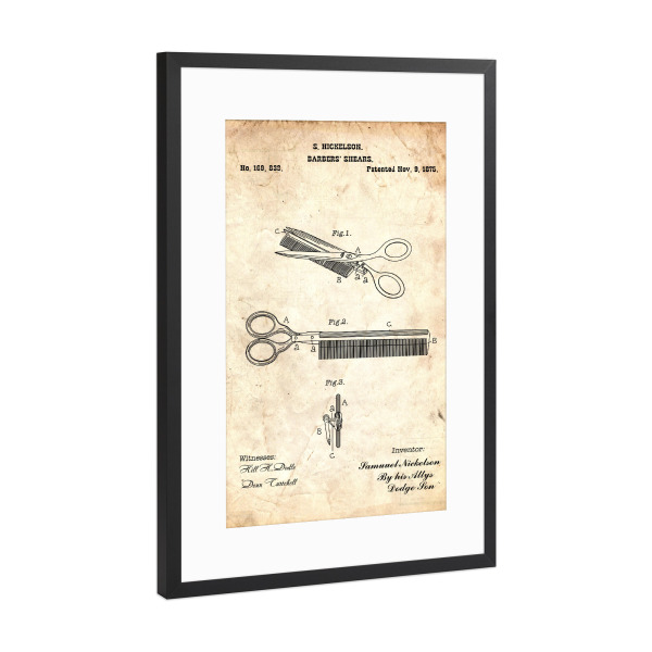 Poster mit Rahmen Schwarz (Metallic) "Friseurschere Patent (Antik)" artboxONE - Fashion,Streetart