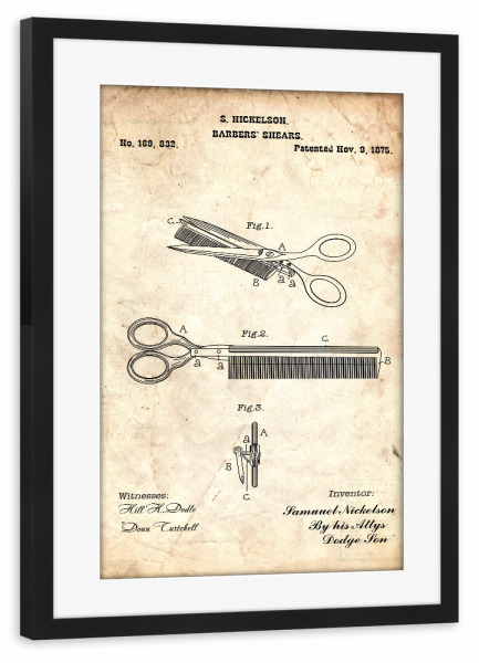 Poster mit Rahmen schwarz "Friseurschere Patent (Antik)" artboxONE - Fashion,Streetart