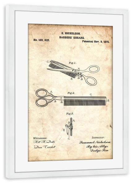 Poster mit Rahmen weiß "Friseurschere Patent (Antik)" artboxONE - Fashion,Streetart