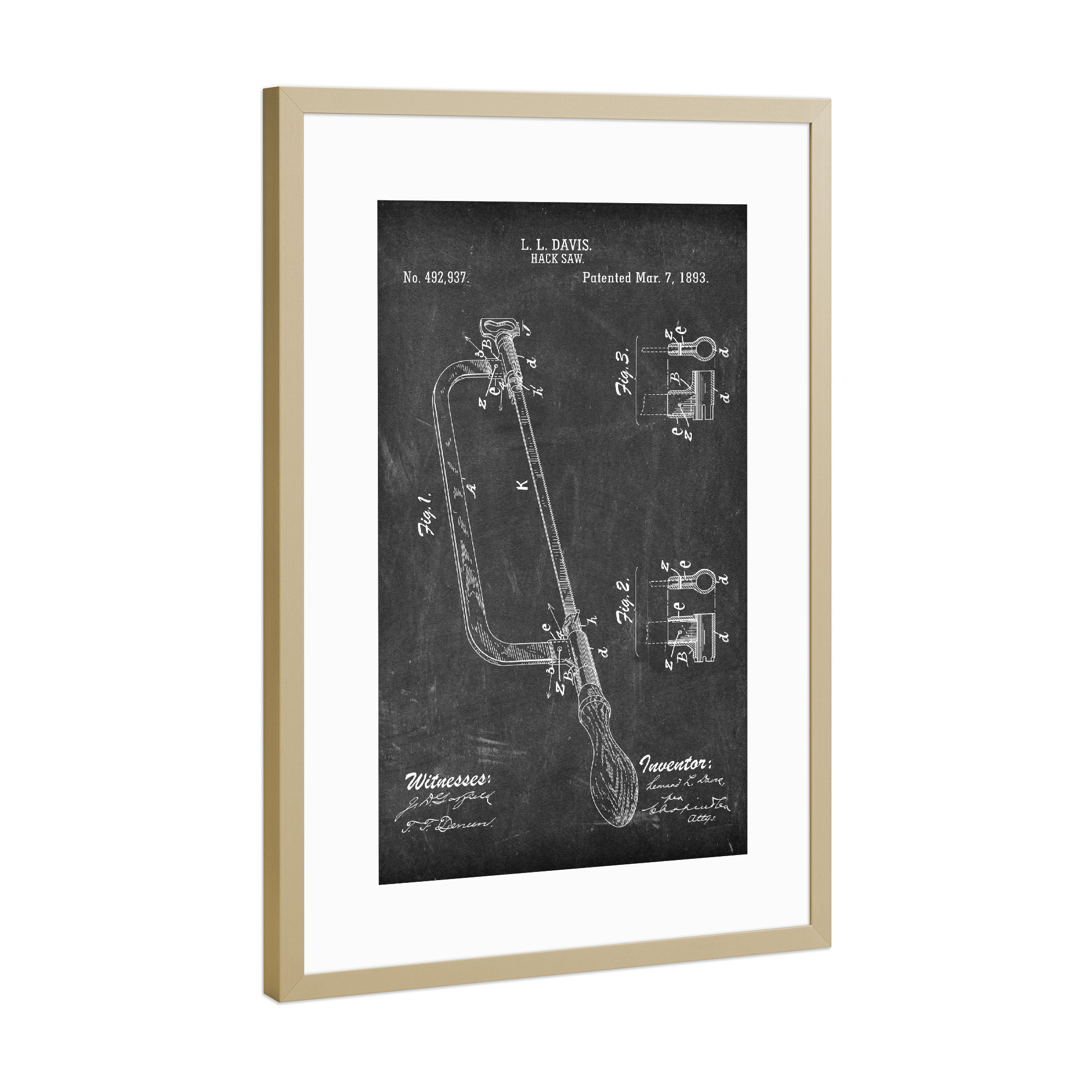 Poster mit Rahmen Gold "Bügelsäge Patent (Tafel)" artboxONE - Schwarzweiß,Für Papa