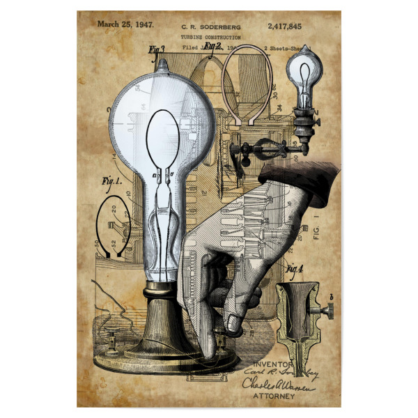 Poster 30x20 cm "Steampunk Lampe" artboxONE - Fiktion - Lampe,Steampunk,Edisson,Energie,Elektrizität,Strom,Antik,Entwurf