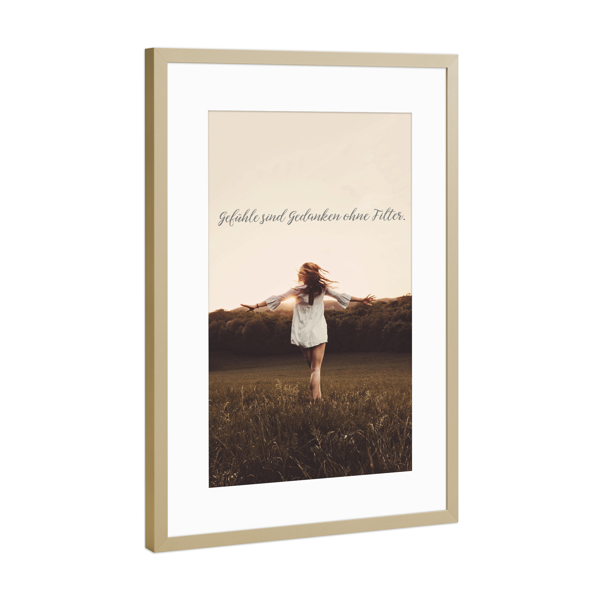 Poster mit Rahmen Gold "Gefühle sind Gedanken ohne Filter" artboxONE - Typografie - Woman,Dancing,Sunset,Emotional,Photography,Emotion