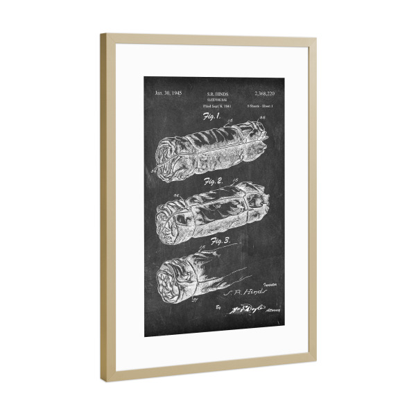 Poster mit Rahmen Gold "Schlafsack Patet (Tafel)" artboxONE - Reise,Schwarzweiß - Reise,Travel,Entwurf,Blaupause,Retro,Vintage,Schlafsack,Camping,Zelt