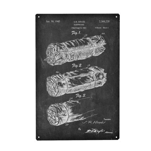 Metall Poster "Schlafsack Patet (Tafel)" artboxONE - Reise,Schwarzweiß - Reise,Travel,Entwurf,Blaupause,Retro,Vintage,Schlafsack,Camping,Zelt