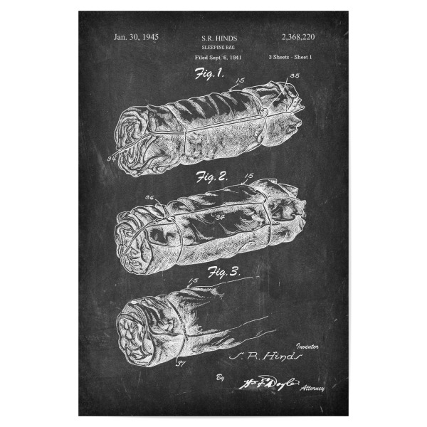Poster 30x20 cm "Schlafsack Patet (Tafel)" artboxONE - Reise,Schwarzweiß - Reise,Travel,Entwurf,Blaupause,Retro,Vintage,Schlafsack,Camping,Zelt