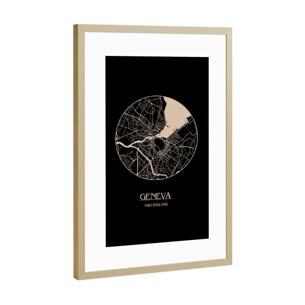 Poster mit Rahmen Gold "Geneva Retro Map Round" artboxONE - Städte,Kartografie - Geneva,Retro,Map