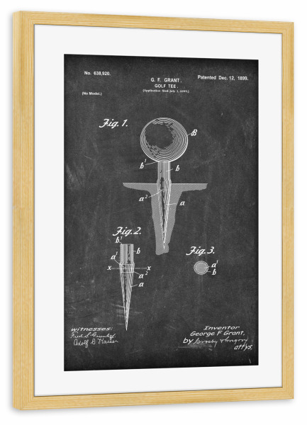 Poster mit Rahmen kiefer "Golf patent (Tafel)" artboxONE - Schwarzweiß,Sport - Golfschläger,Patent,Golf,Vintage,Sport,Retro