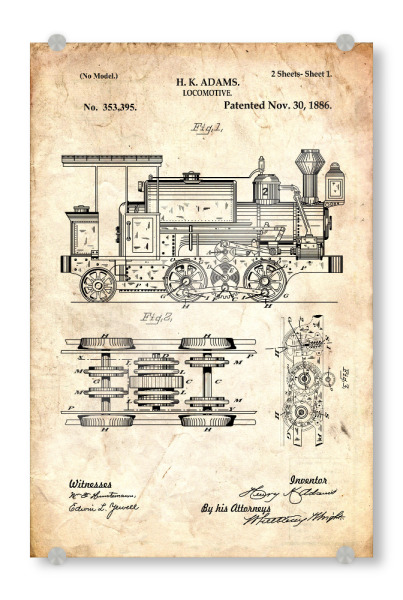 Acrylglasbild "Lokomotive Patent (Antik)" artboxONE - Reise,Automobile,Für Papa - Zug,Lokomotive,Eisenbahn,Bahn,Patent,Entwurf,Transport,Reise,Travel