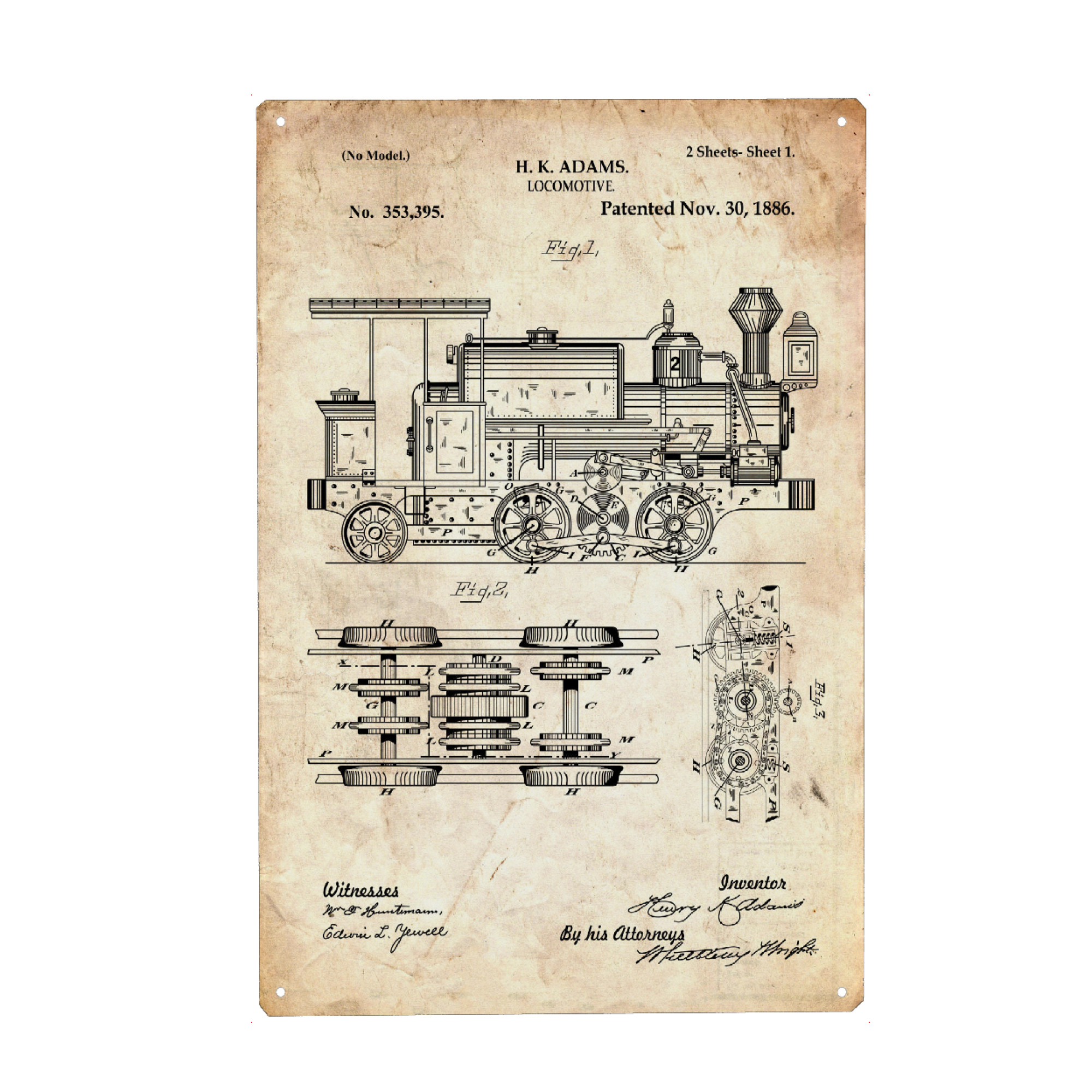 Metall Poster "Lokomotive Patent (Antik)" artboxONE - Reise,Automobile,Für Papa - Zug,Lokomotive,Eisenbahn,Bahn,Patent,Entwurf,Transport,Reise,Travel