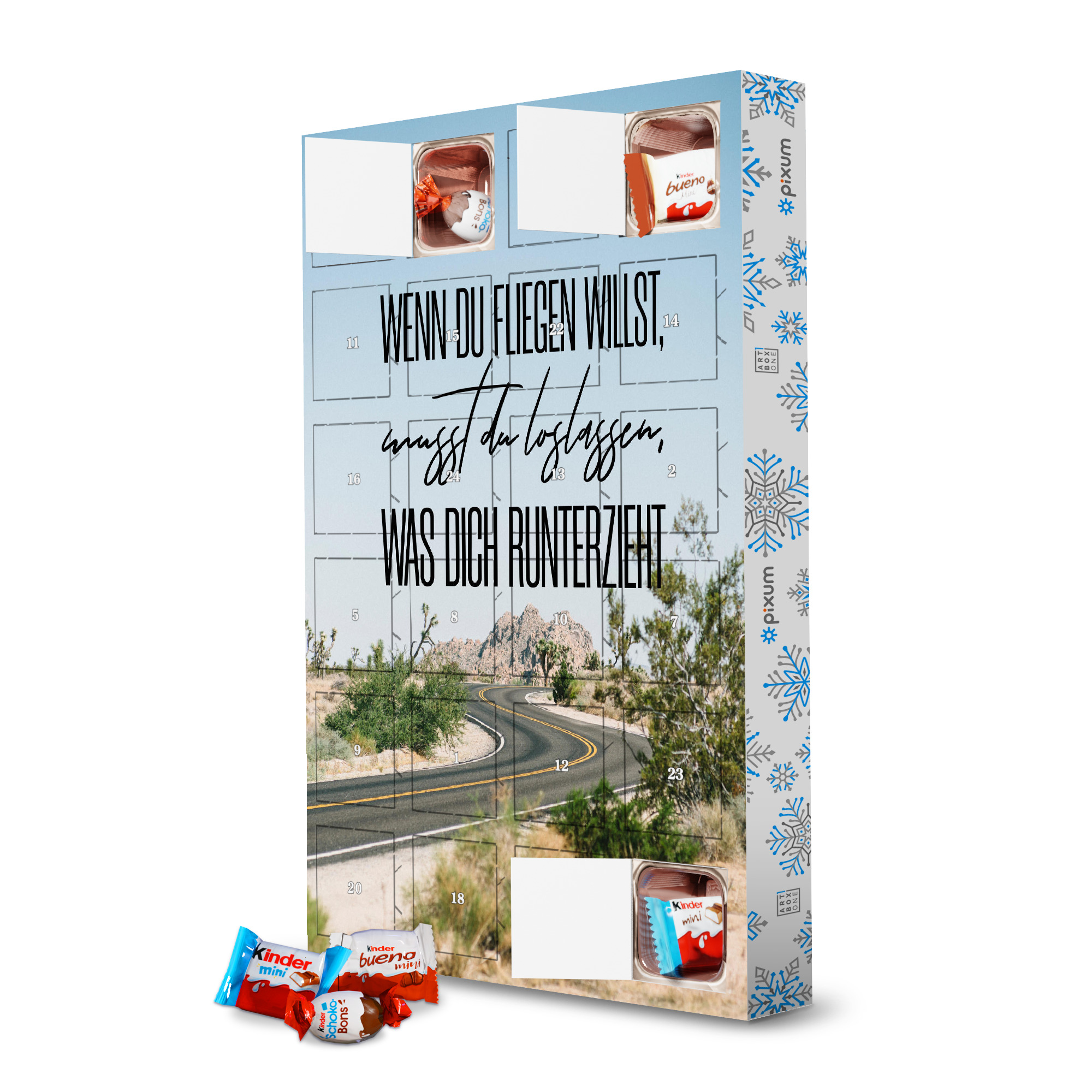 Adventskalender mit Produkten von Kinder Loslassen und Fliegen artboxONE Adventskalender Typografie