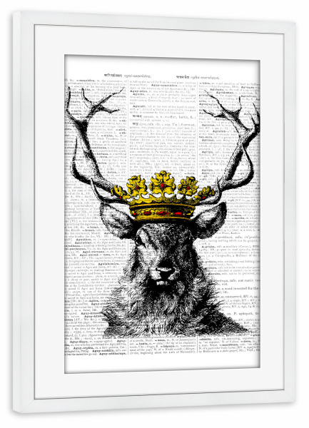 Poster mit Rahmen weiß "King Hirsch" artboxONE - Tiere,Schwarzweiß - Tier,Wörterbuch,Hirsch,König,Krone,Königlich,Tierwelt