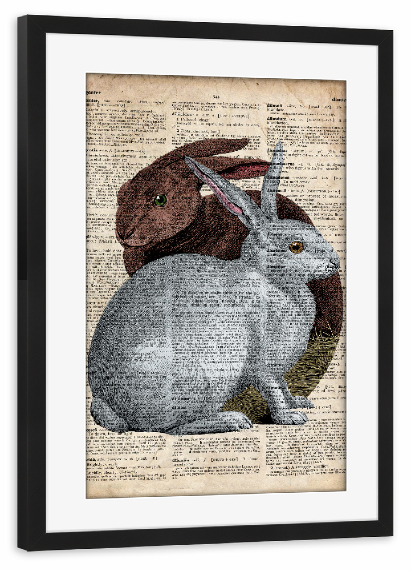 Poster mit Rahmen schwarz "Kaninchen Paar" artboxONE - Tiere - Tier,Antik,Vintage,Hase,Wald,Paar,Liebe