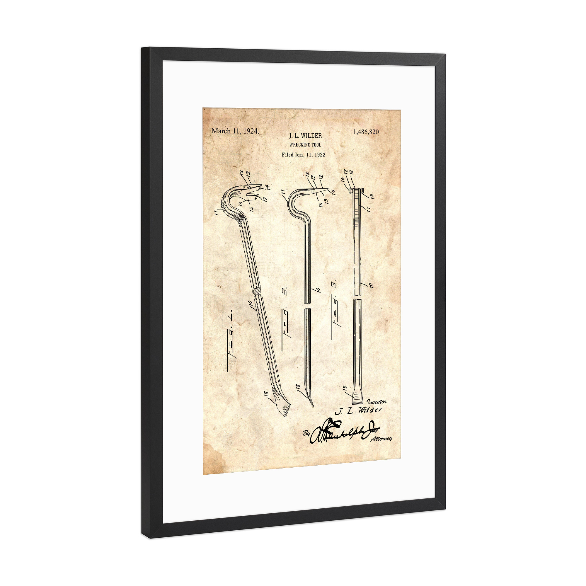 Poster mit Rahmen Schwarz (Metallic) "Brechstange Patent (Antik)" artboxONE - Für Papa