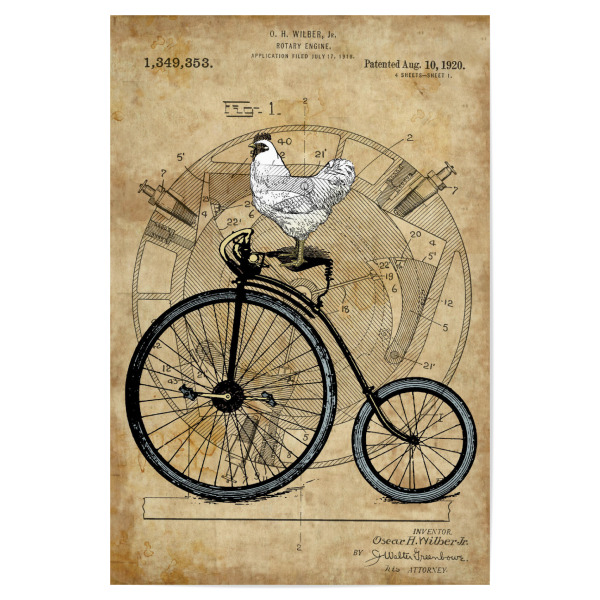 Poster "Hühnchen auf einem Fahrrad" artboxONE - Tiere - Hähnchen,Huhn,Fahrrad,Steampunk,Tier,Vogel