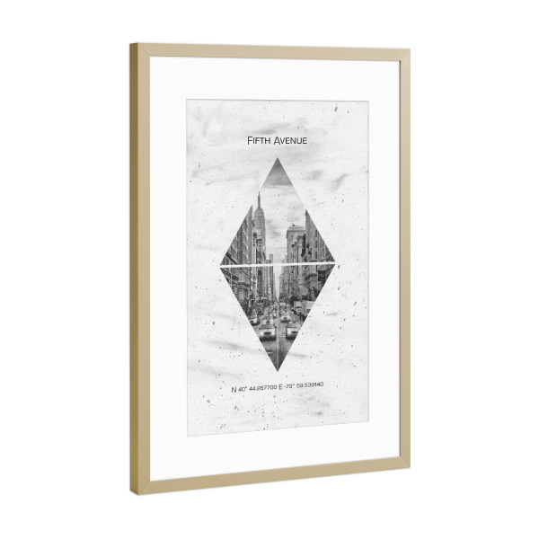 Poster mit Rahmen Gold "Koordinaten NYC Fifth Avenue" artboxONE - Städte / New York,Schwarzweiß - Manhattan,New york,Triangle,Beton