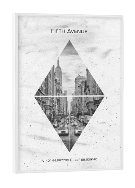 Poster mit weißem Rahmen "Koordinaten NYC Fifth Avenue" artboxONE - Städte / New York,Schwarzweiß - Manhattan,New york,Triangle,Beton