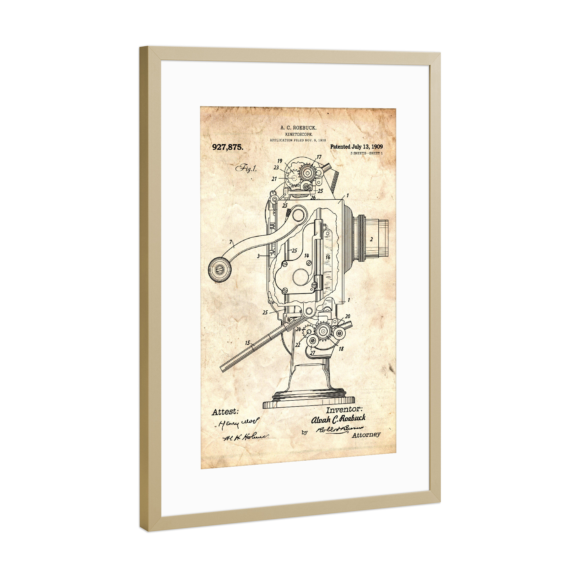 Poster mit Rahmen Gold "Filmprojektor Patent (Antik)" artboxONE - Film,Für Papa