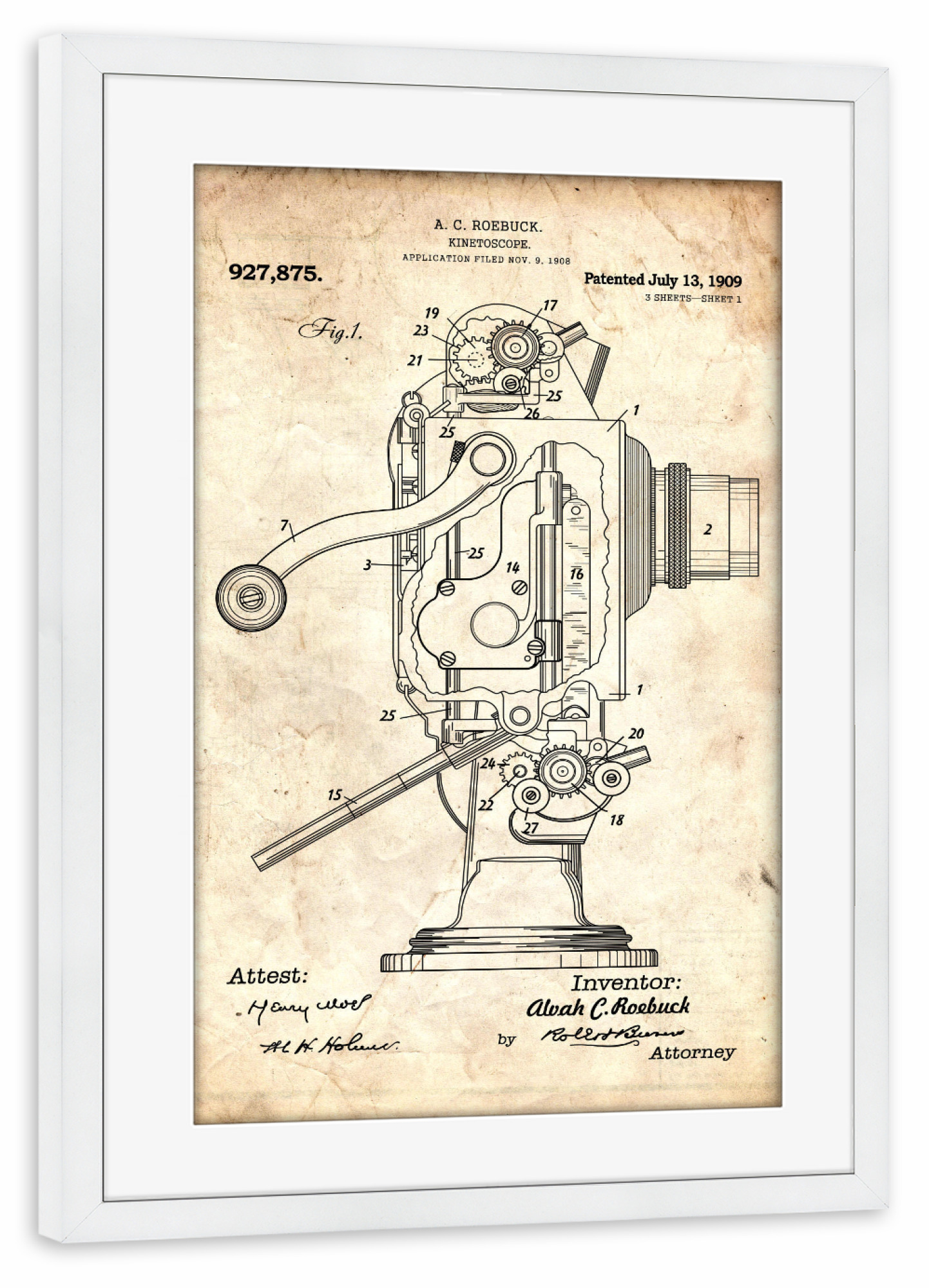 Poster mit Rahmen weiß "Filmprojektor Patent (Antik)" artboxONE - Film,Für Papa