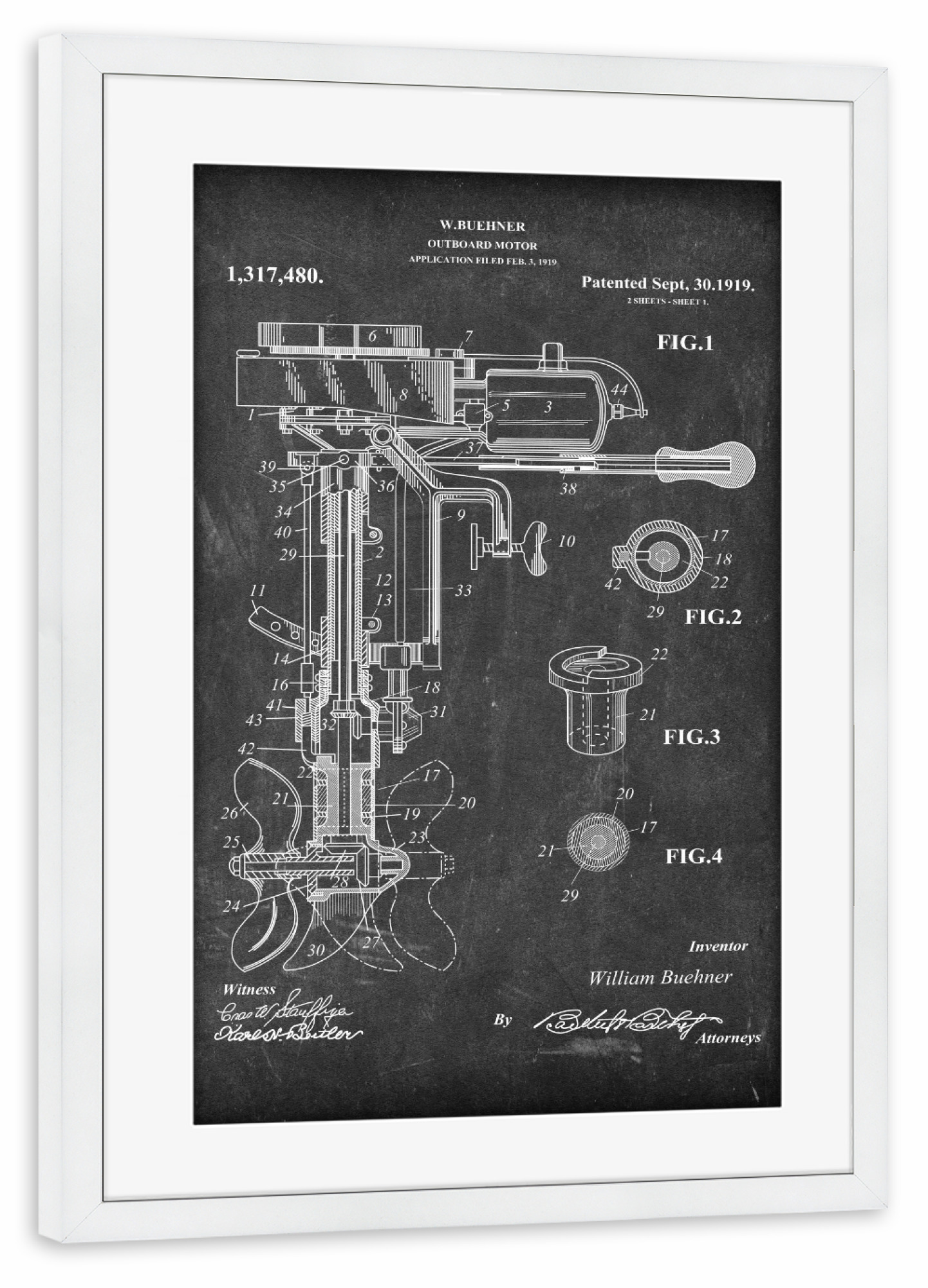 Poster mit Rahmen weiß "Bootsmotor Patent (Tafel)" artboxONE - Schwarzweiß,Für Papa