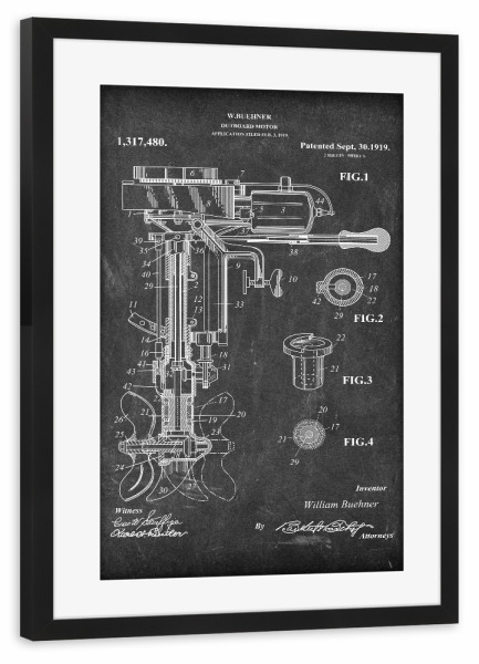Poster mit Rahmen schwarz "Bootsmotor Patent (Tafel)" artboxONE - Schwarzweiß,Für Papa