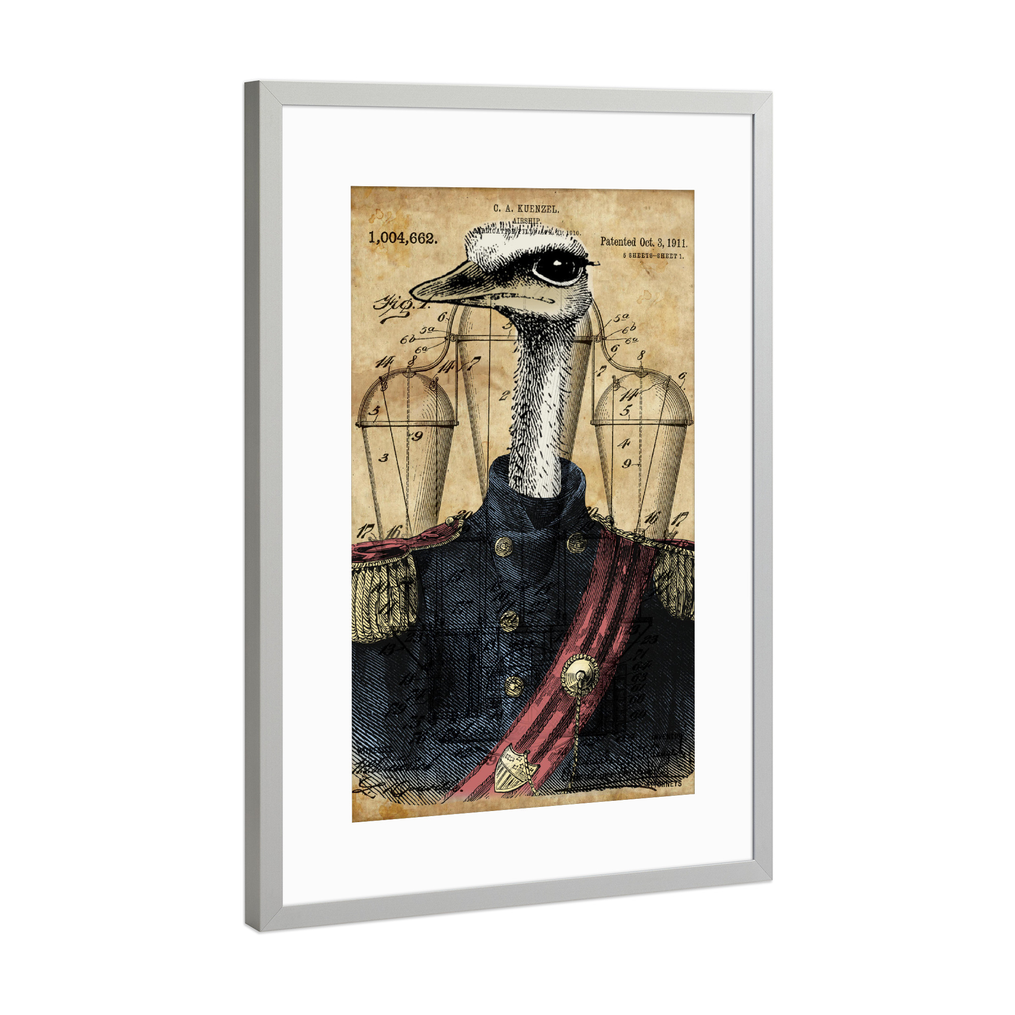Poster mit Rahmen Silber "Steampunk Strauß in Uniform" artboxONE - Tiere - Strauß,Vogel,Tier,Uniform,Soldat,Antik,Vintage,Armee,Marine,Steampunk